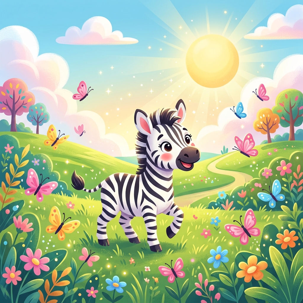 Zuzu the Kind Zebra in a colorful field